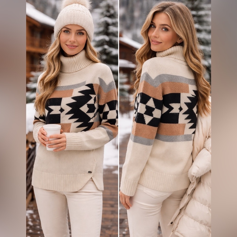 Perch x Apres 100% Cashmere Turtleneck Sweater Aztec Geometric Small - Picture 1 of 12